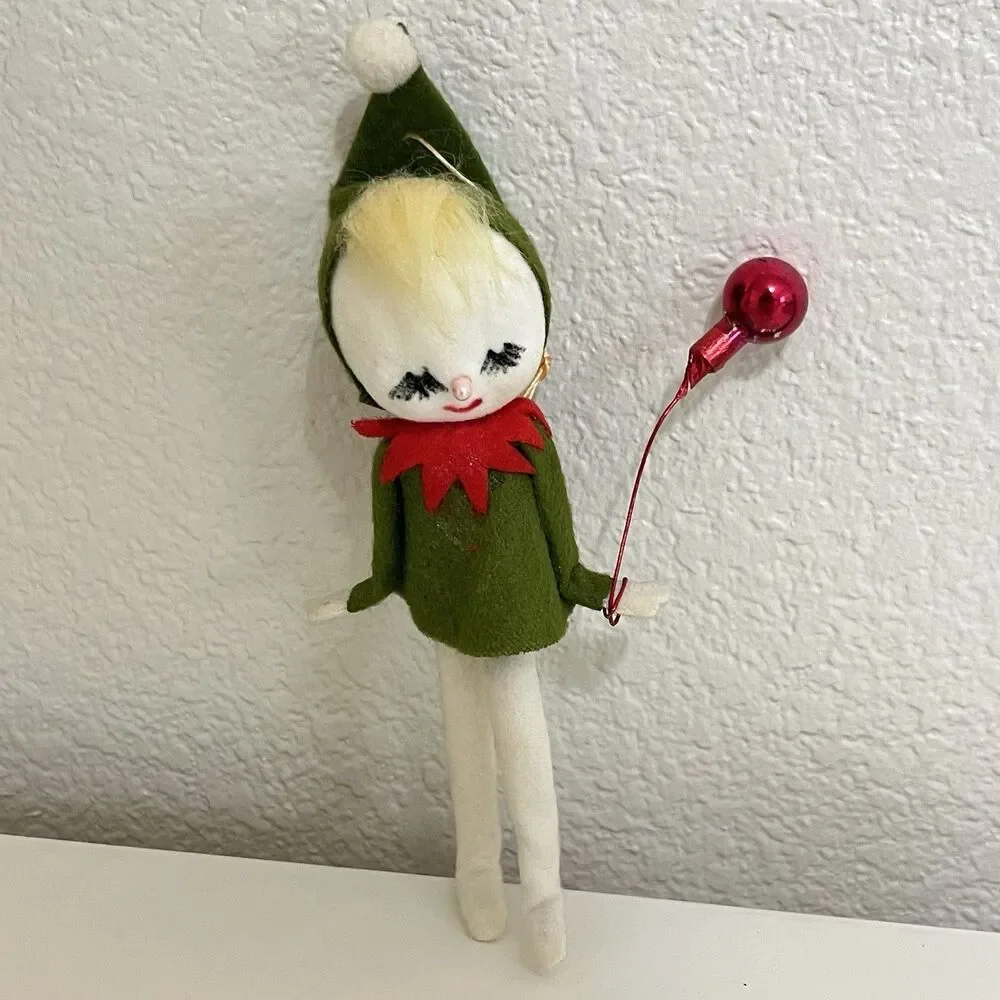 Vintage Flocked Felt Snow Baby Elf Christmas Ornaments Holding Balloons Lot of 2